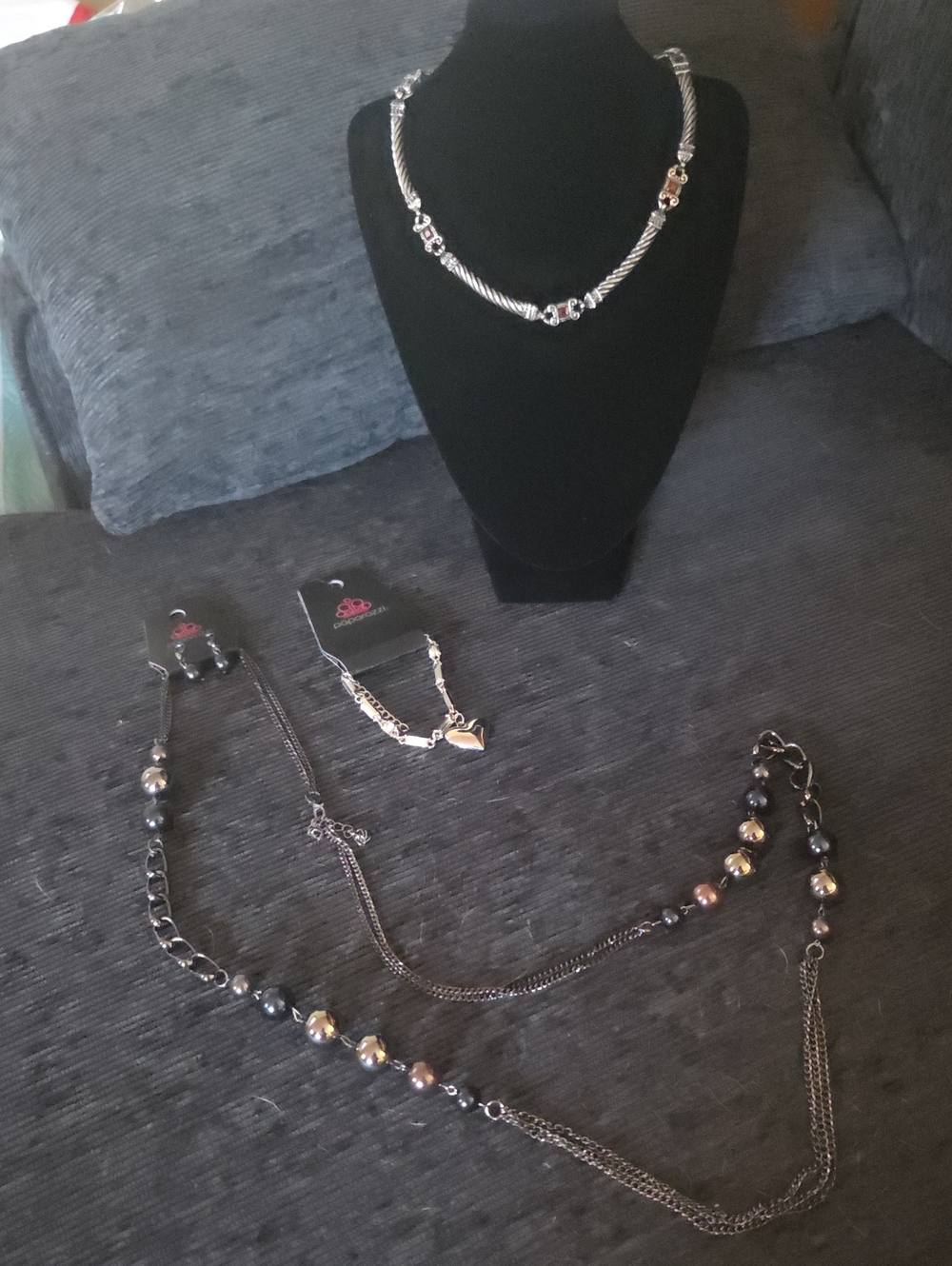 40 Inch Beaded Necklace, Silver Toned Heart Bracelet And Red Stone Necklace